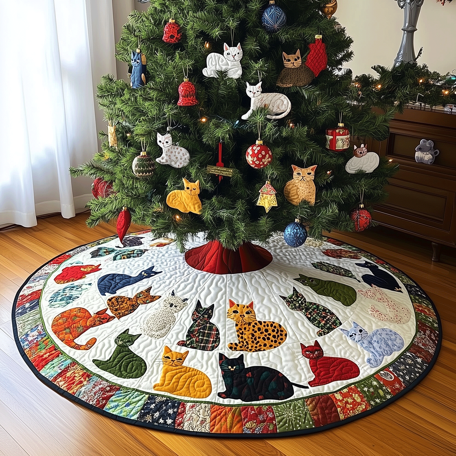 Holiday Whiskers Quilted Christmas Tree Skirt Cozy Holiday Tree Skirt to Brighten Your Home