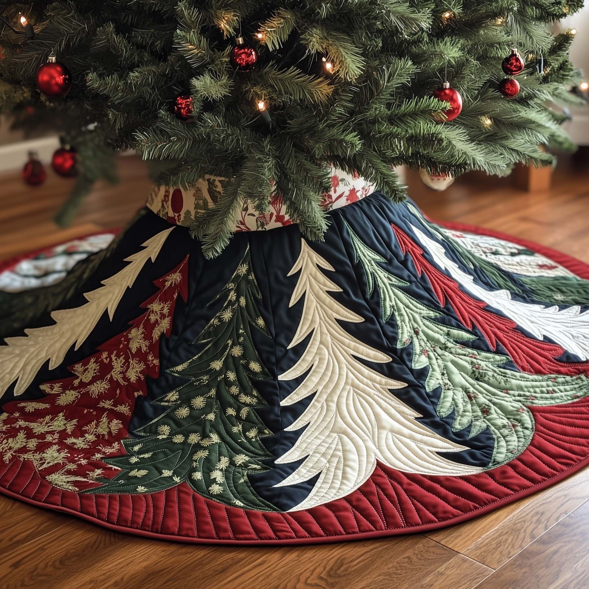 Holiday Winter Pine Quilted Tree Skirt Indoor Christmas Decorations Xmas Gift Ideas