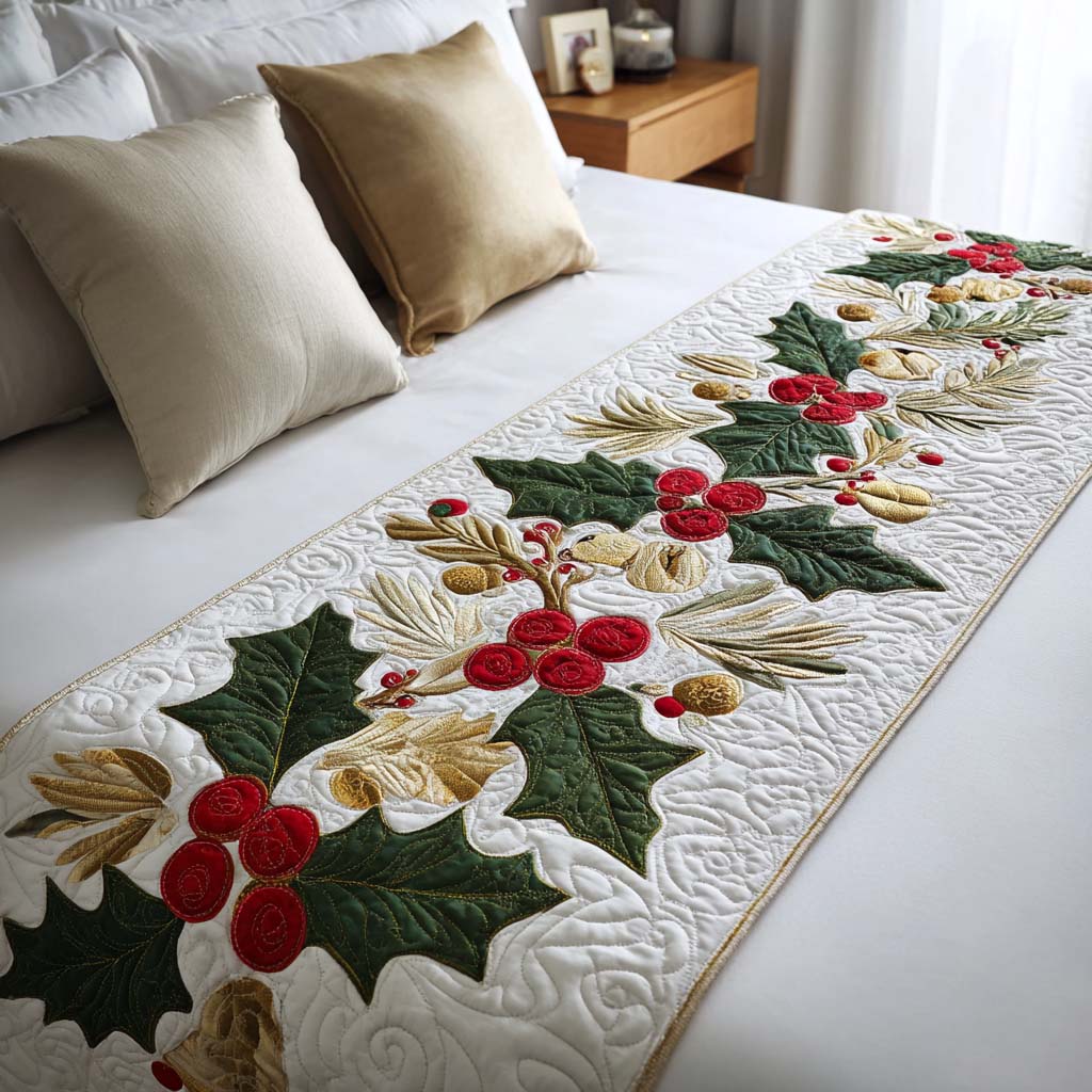 Holly Berries Quilted Bed Runner Holiday Bed Runner Christmas Gift Ideas 2025