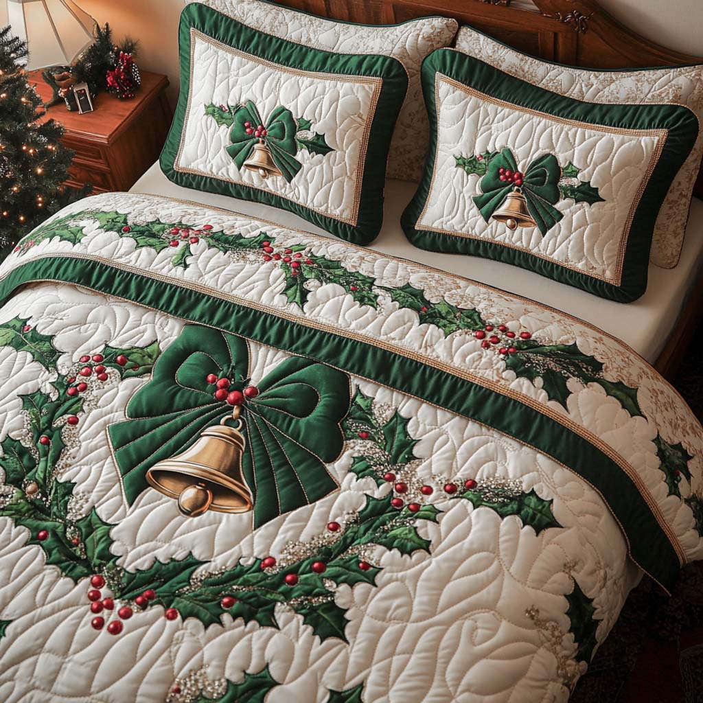 Holly Bow Harmony Quilted Bedding Set Holiday Season Duvet Cover Set Family Christmas Gifts