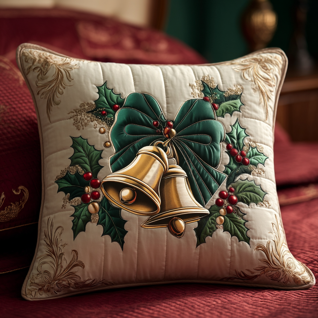 Holly Bow Harmony Quilted Pillow Case Winter Throw Pillow Covers Family Christmas Gifts