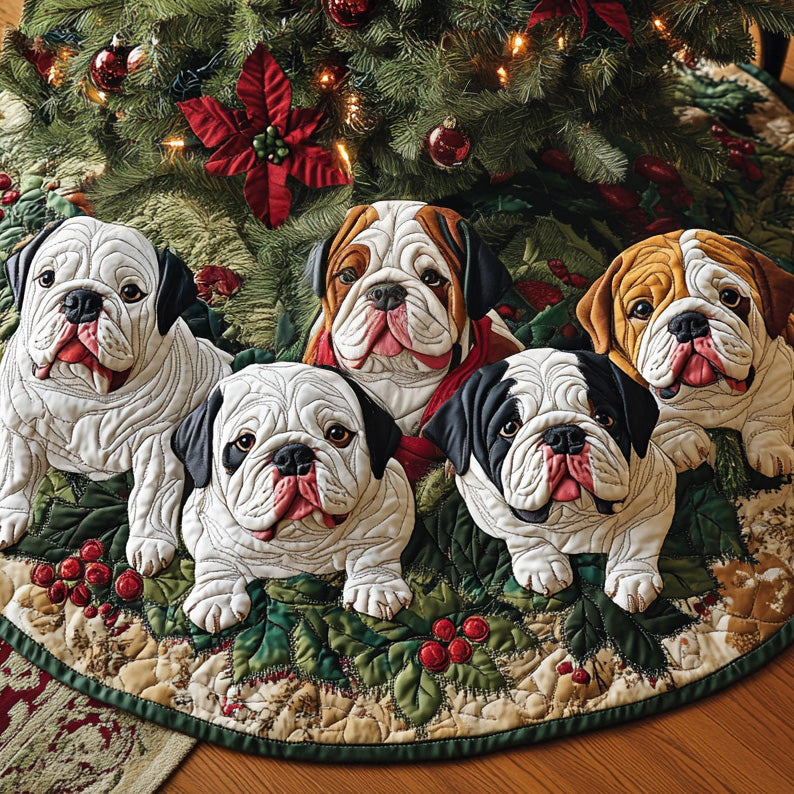 Holly Bulldog Cheer Quilted Christmas Tree Skirt Xmas Home Decor French Bulldog Items Gifts
