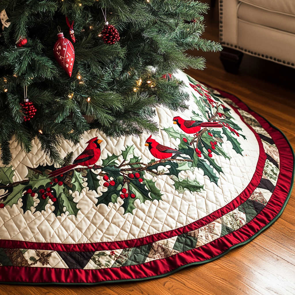 Holly Cardinal Christmas Quilted Tree Skirt Classic Red and White Tree Skirt for Traditional Decor