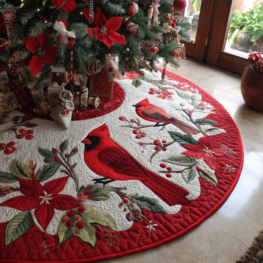 Holly Cardinal Quilted Christmas Tree Skirt Holiday Decor Red Cardinal Gift Items