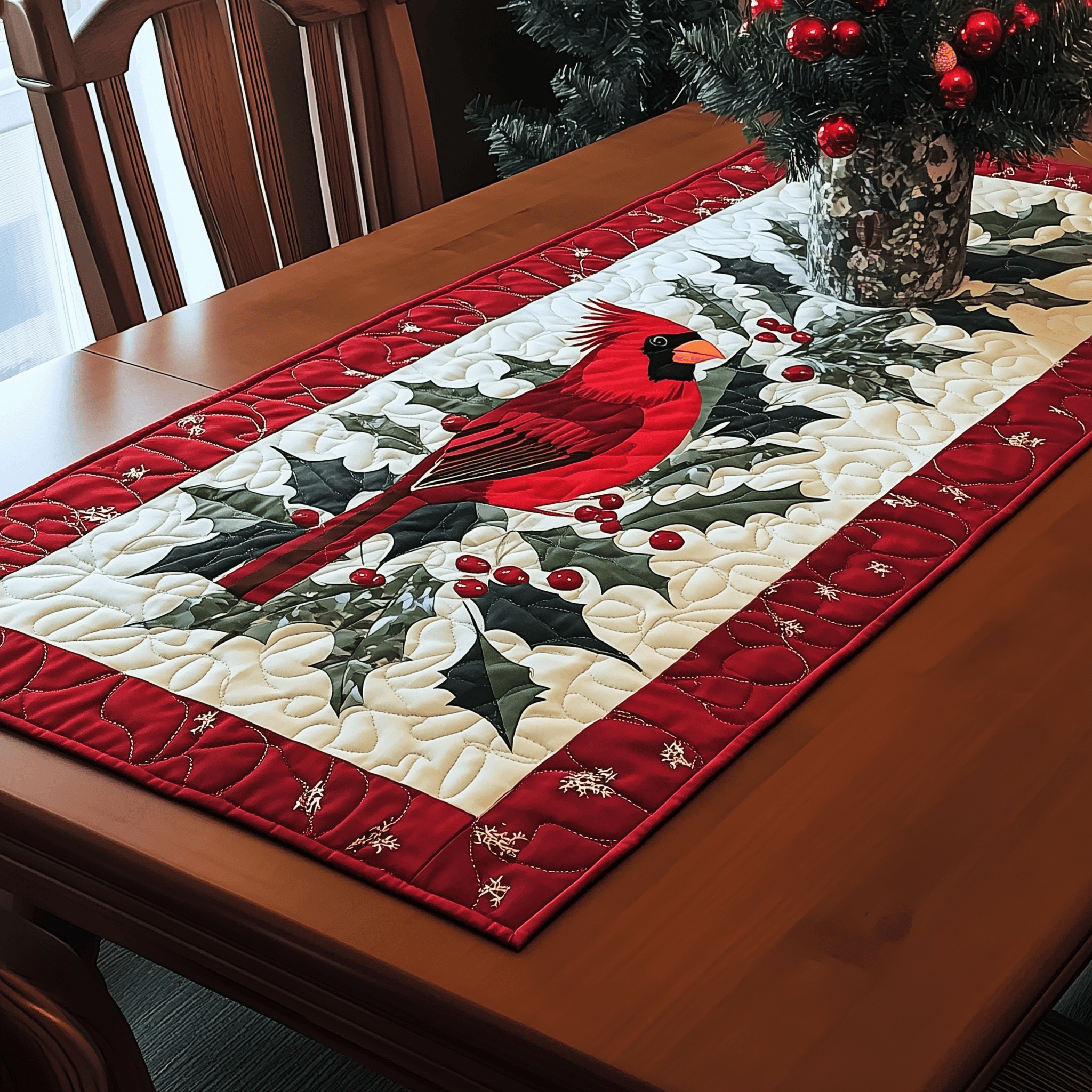 Holly Cardinal Quilted Table Runner Cute Modern Table Runner Items Cardinal Christmas Gift Ideas