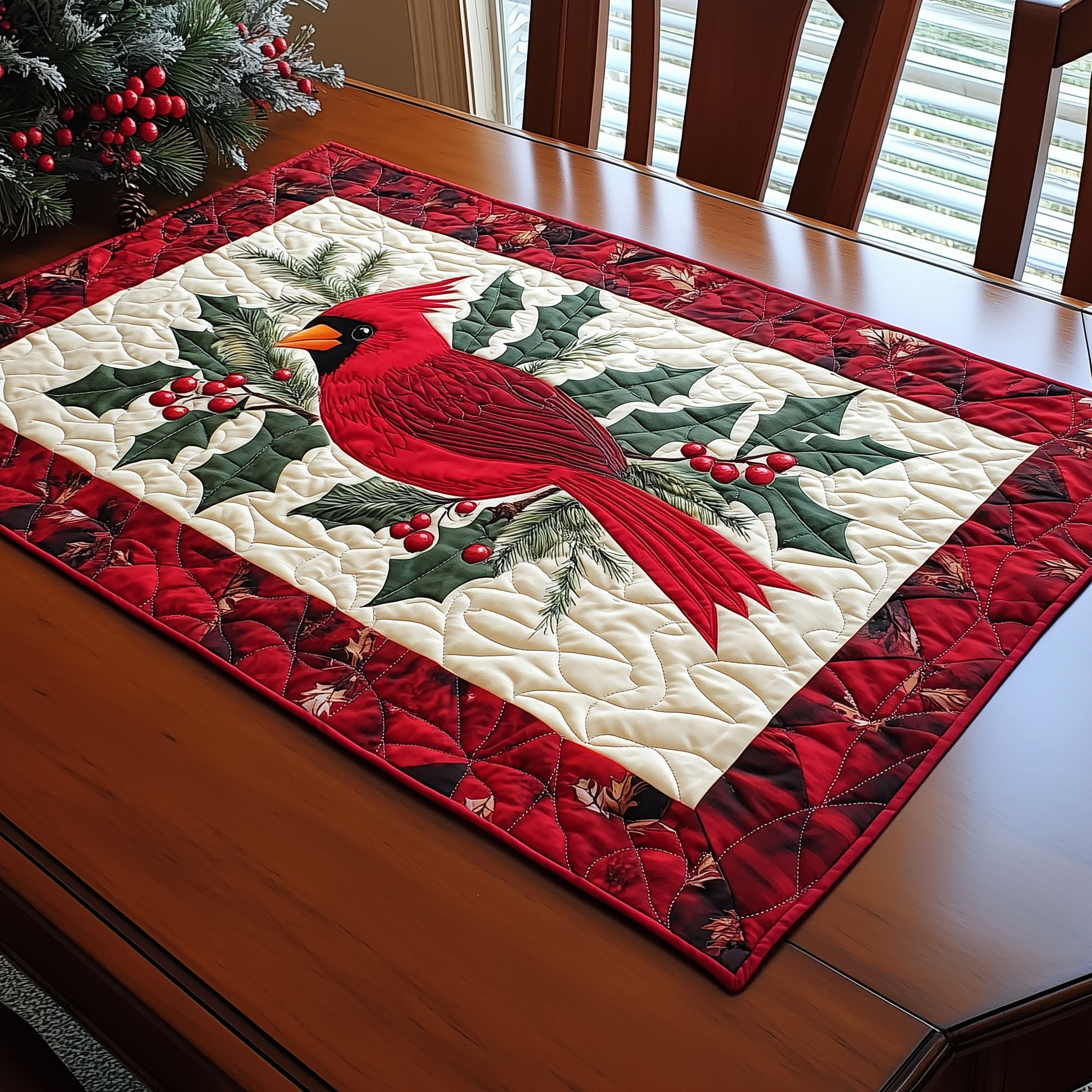 Holly Cardinal Quilted Table Runner Holiday Dining Table Runner Best Cardinal Themed Gifts