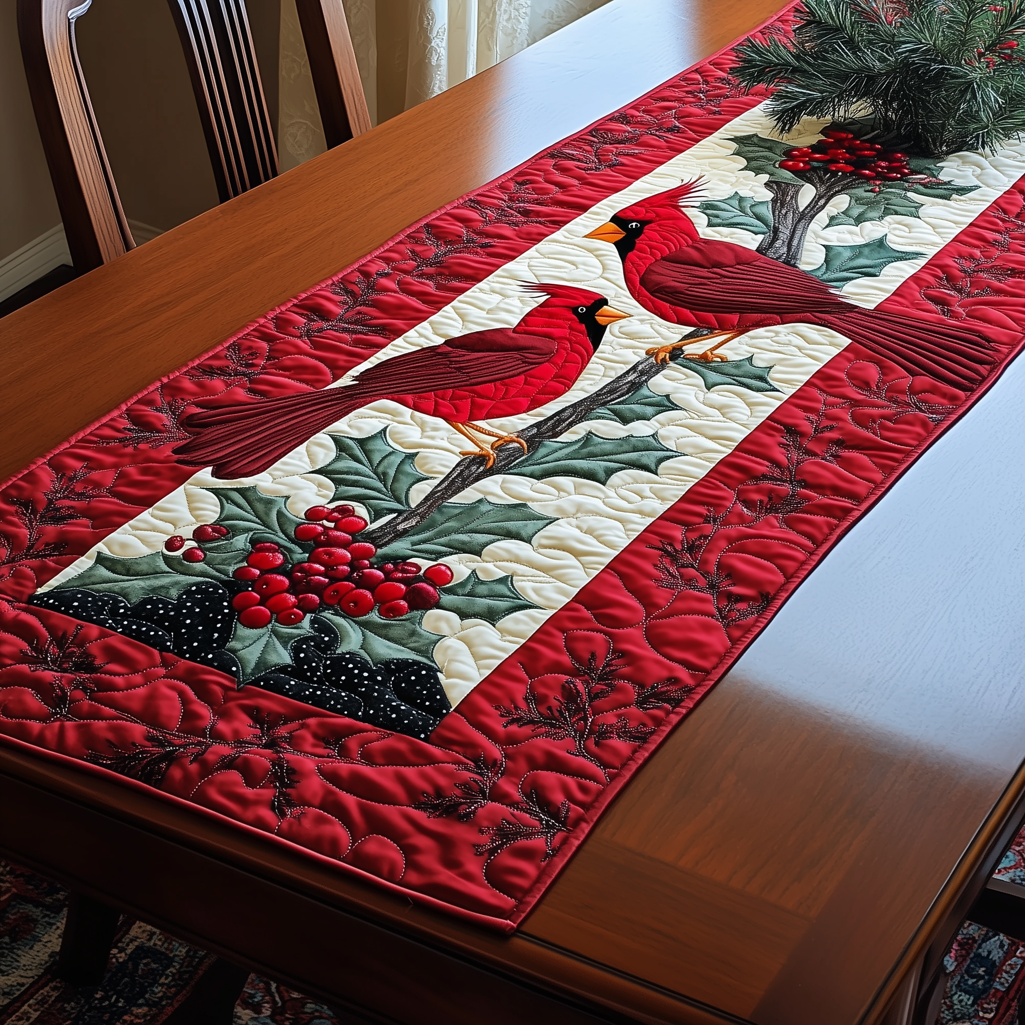 Holly Cardinal Quilted Table Runner Holiday Dining Table Runner Decorations Cardinal Gift Items