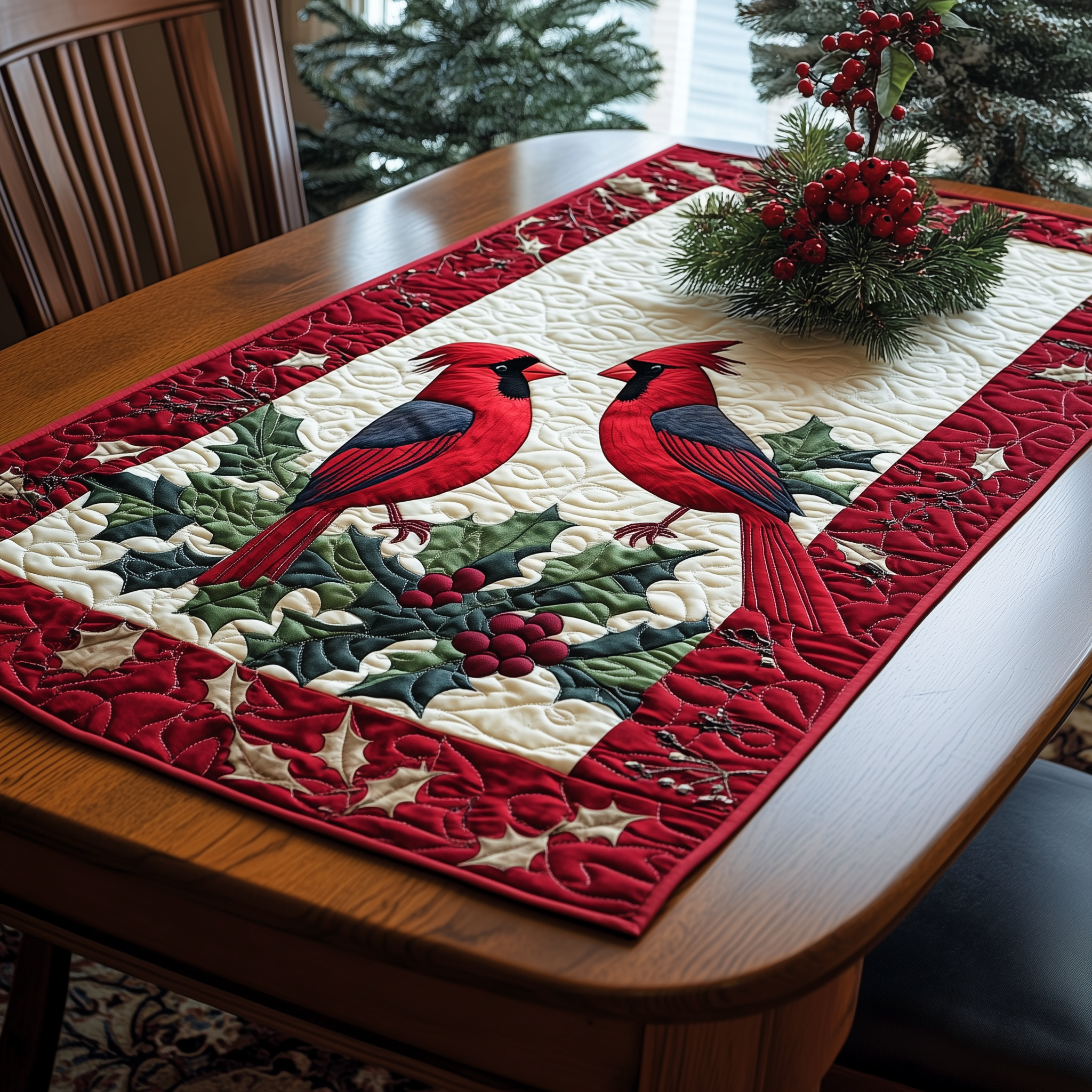 Holly Cardinal Quilted Table Runner Holiday Dining Table Runner Decorations Cardinal Themed Gifts