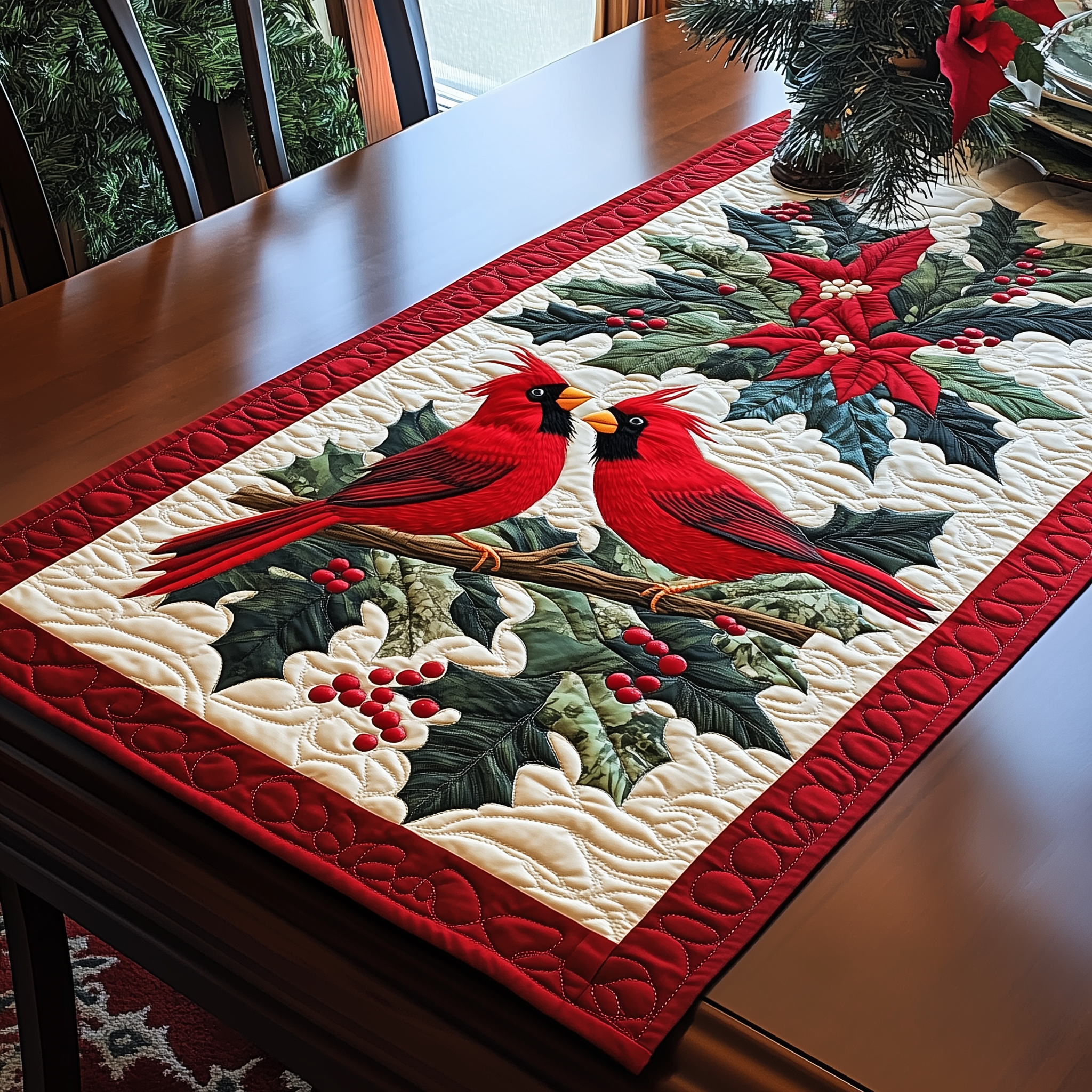 Holly Cardinal Quilted Table Runner Holiday Dining Table Runner Decorations Red Cardinal Gifts Ideas