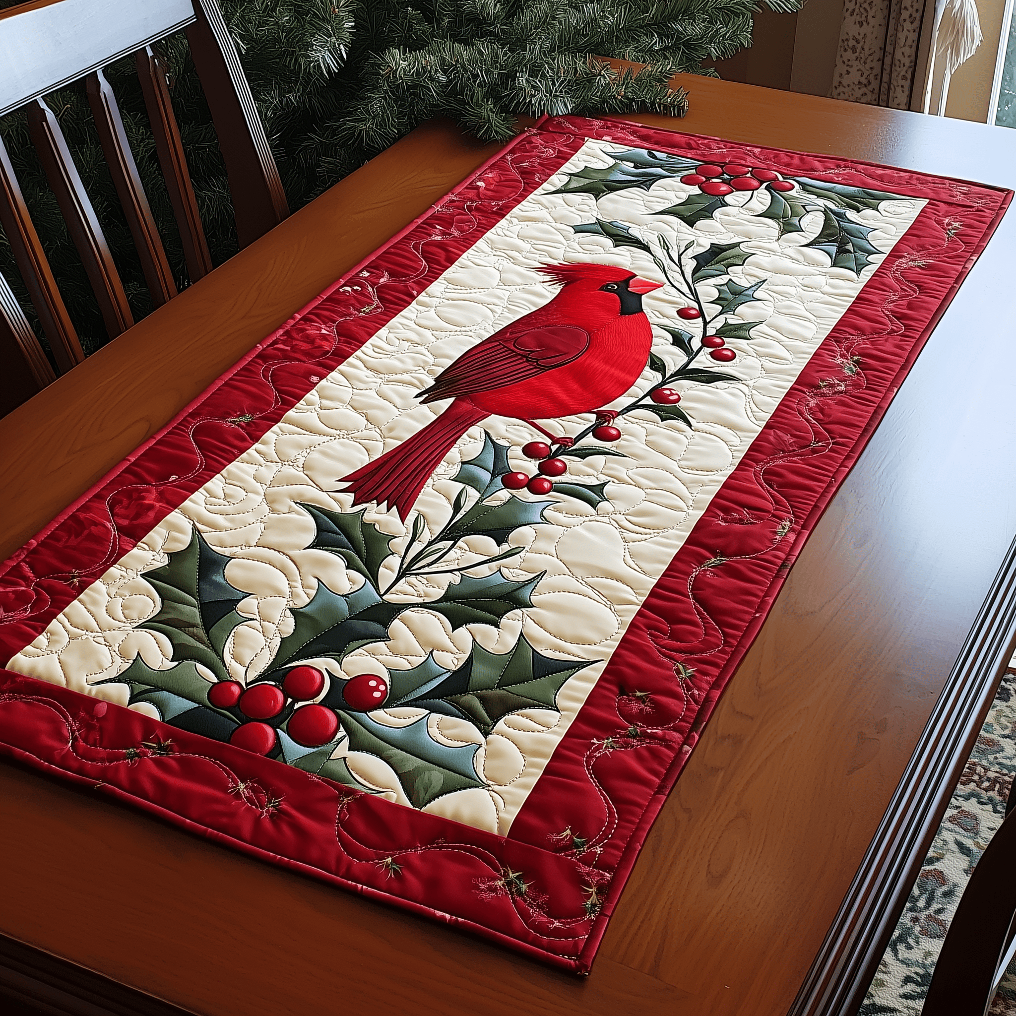 Holly Cardinal Quilted Table Runner Holiday Dining Table Runner Decorations Red Cardinal Gifts Ideas