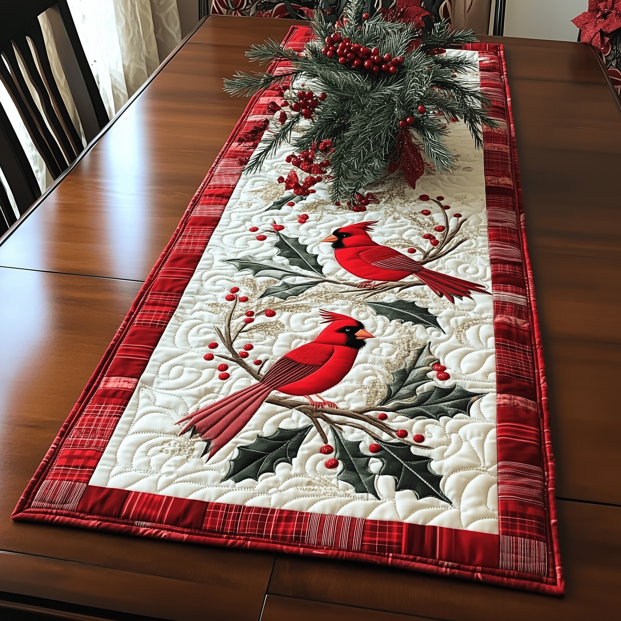 Holly Cardinal Quilted Table Runner Holiday Dining Table Runner Decorations Red Cardinal Gifts Ideas