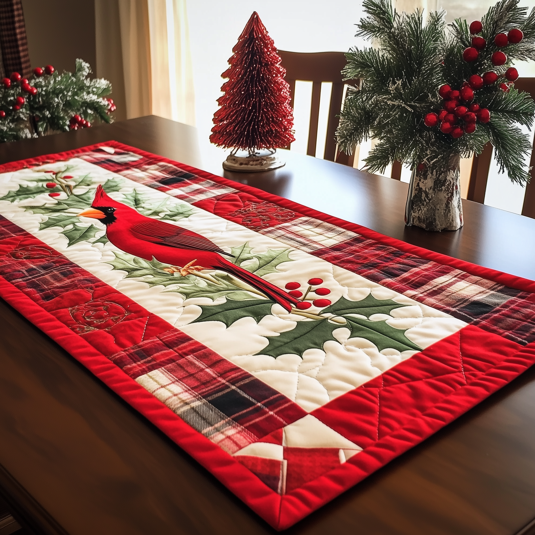 Holly Cardinal Quilted Table Runner Holiday Dining Table Runner Decorations Red Cardinal Gifts Ideas