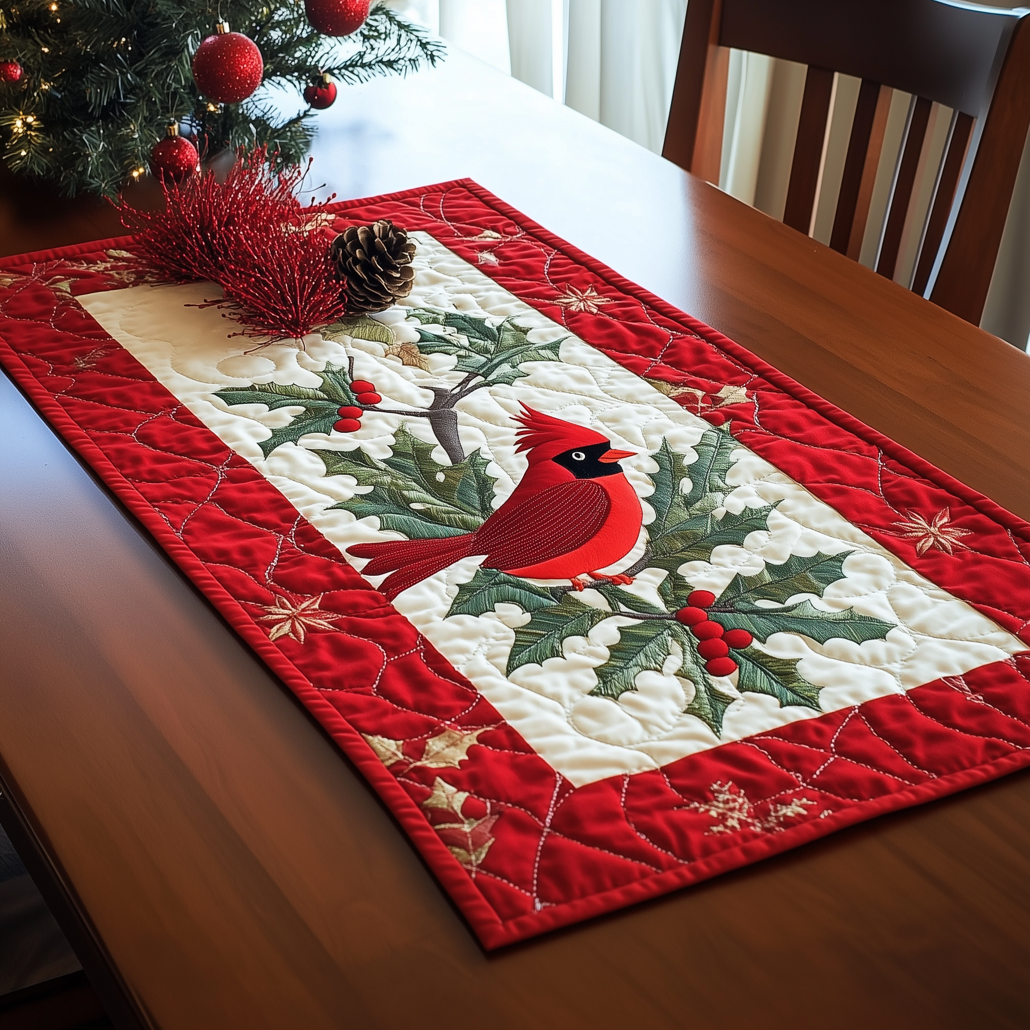 Holly Cardinal Quilted Table Runner Holiday Dining Table Runner Decorations Xmas Gifts