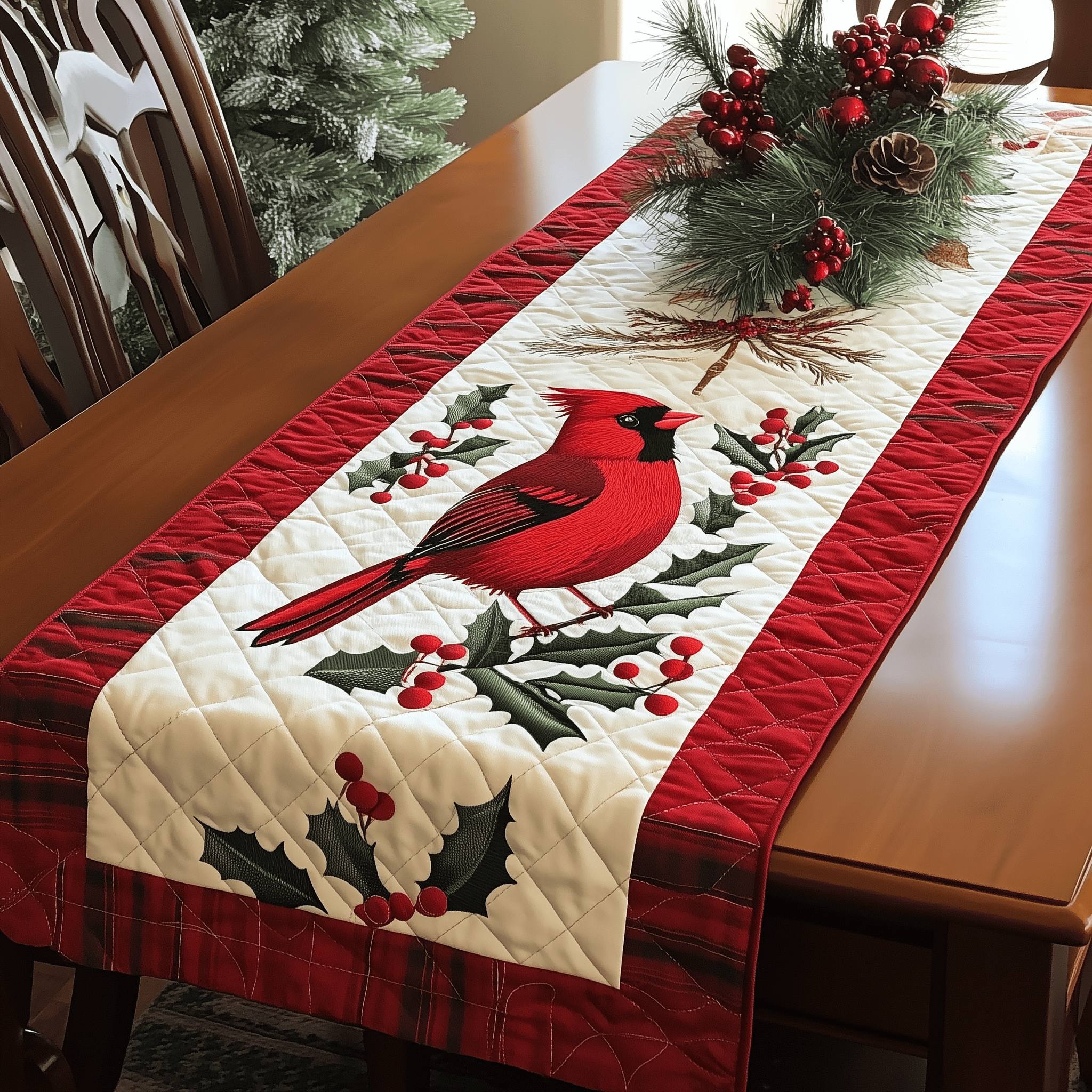 Holly Cardinal Quilted Table Runner Indoor Cardinal Christmas Decorations Family Gifts