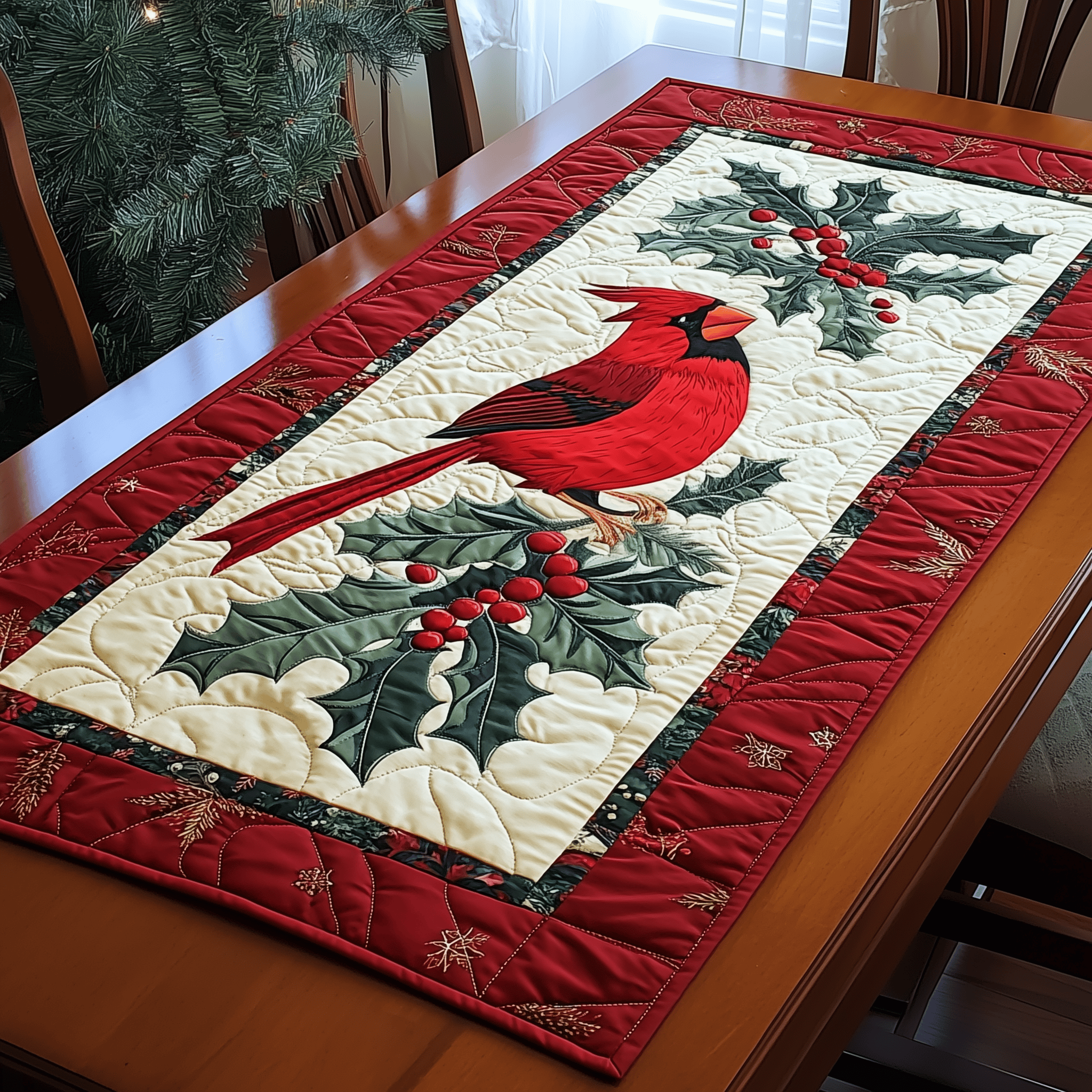 Holly Cardinal Quilted Table Runner Modern Dining Table Runner Holiday Cardinal Gifts For Christmas