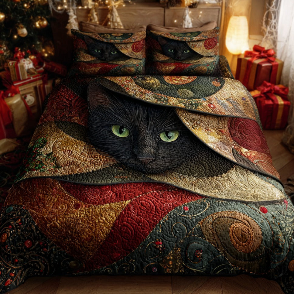 Holly Cat Charm Quilted Bedding Set Christmas Cat Bedroom Decor Gift For Cat Lovers