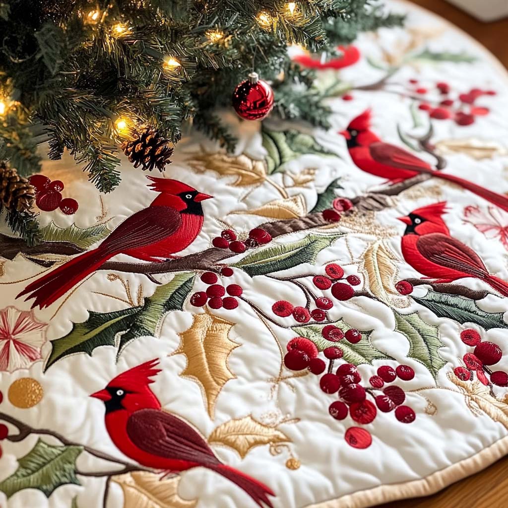 Holly Harmony Christmas Quilted Tree Skirt Holiday Season Cardinal Christmas Tree Decorations