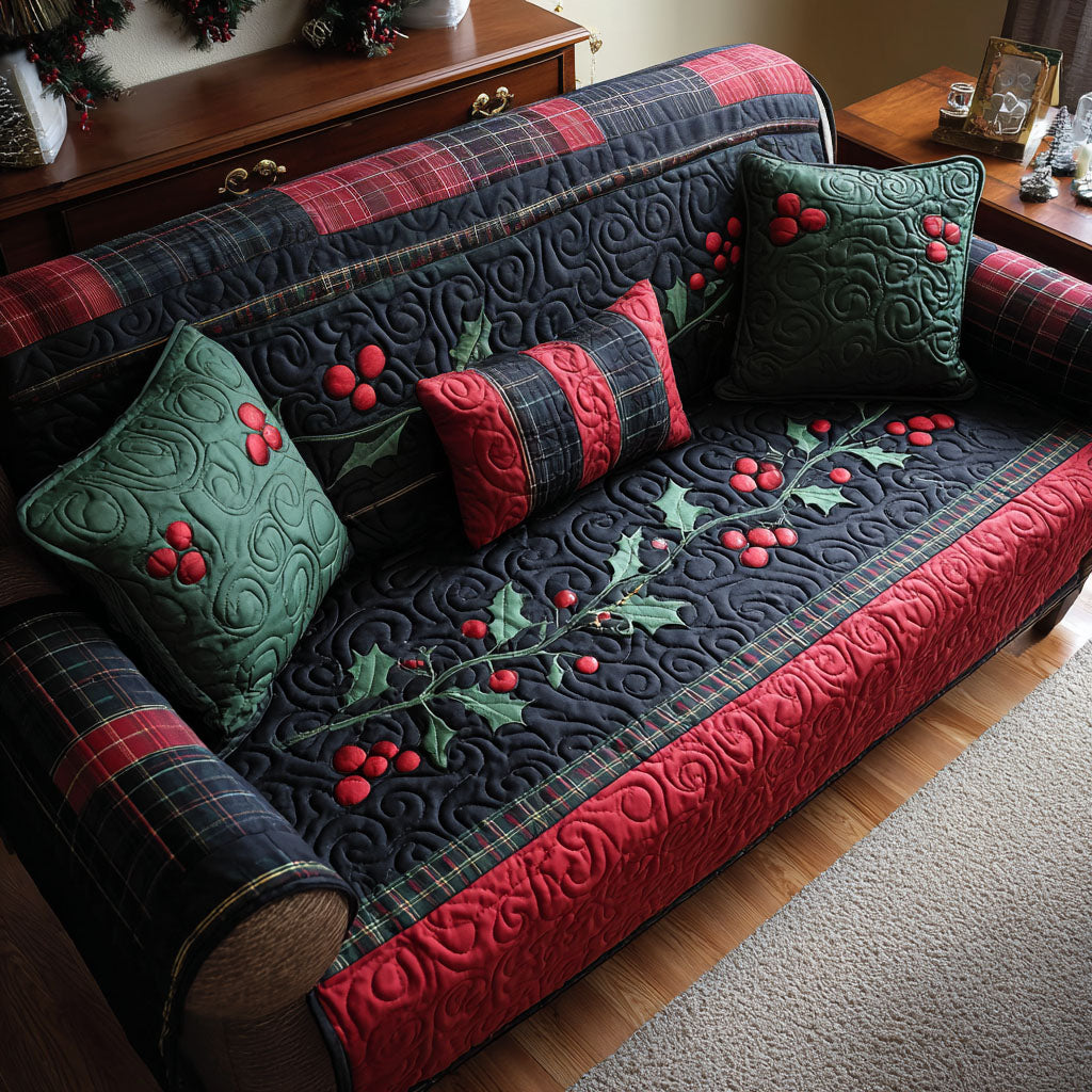 Holly Hearth Quilted Sofa Cover Living Room Winter Decor Best Friend Gift Ideas