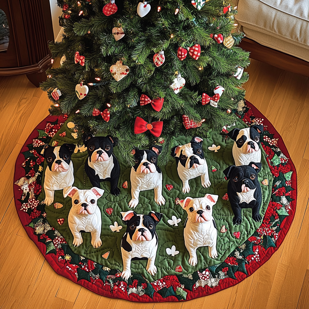 Holly Jolly Boston Terrier Christmas Quilted Tree Skirt Special Holiday Tree Skirt Gift for Newlyweds