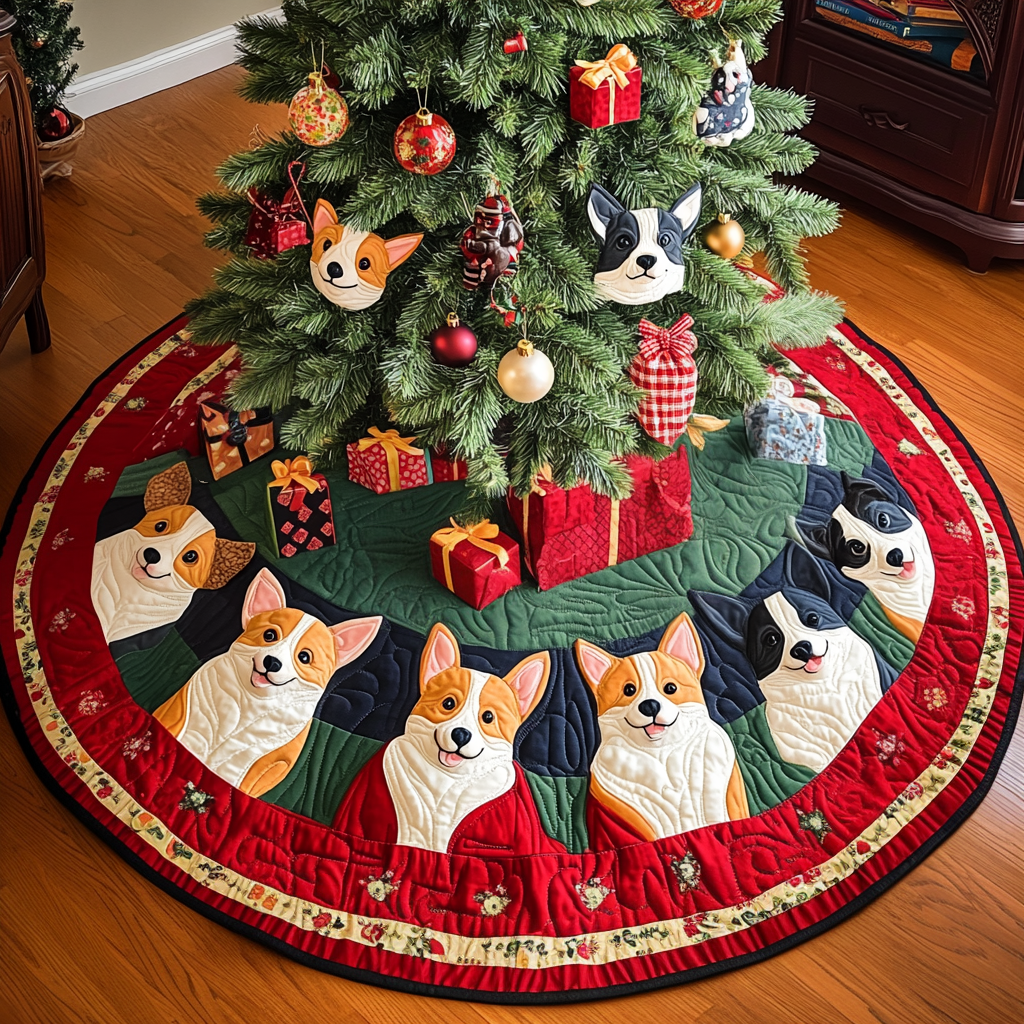 Holly Jolly Corgis Chritstmas Quilted Tree Skirt Thoughtful Christmas Tree Skirt Gift Idea