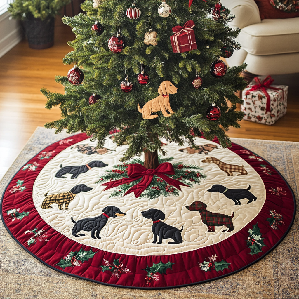 Holly Jolly Dachshund Chritstmas Quilted Tree Skirt Custom Christmas Tree Skirt Merch for Your Family