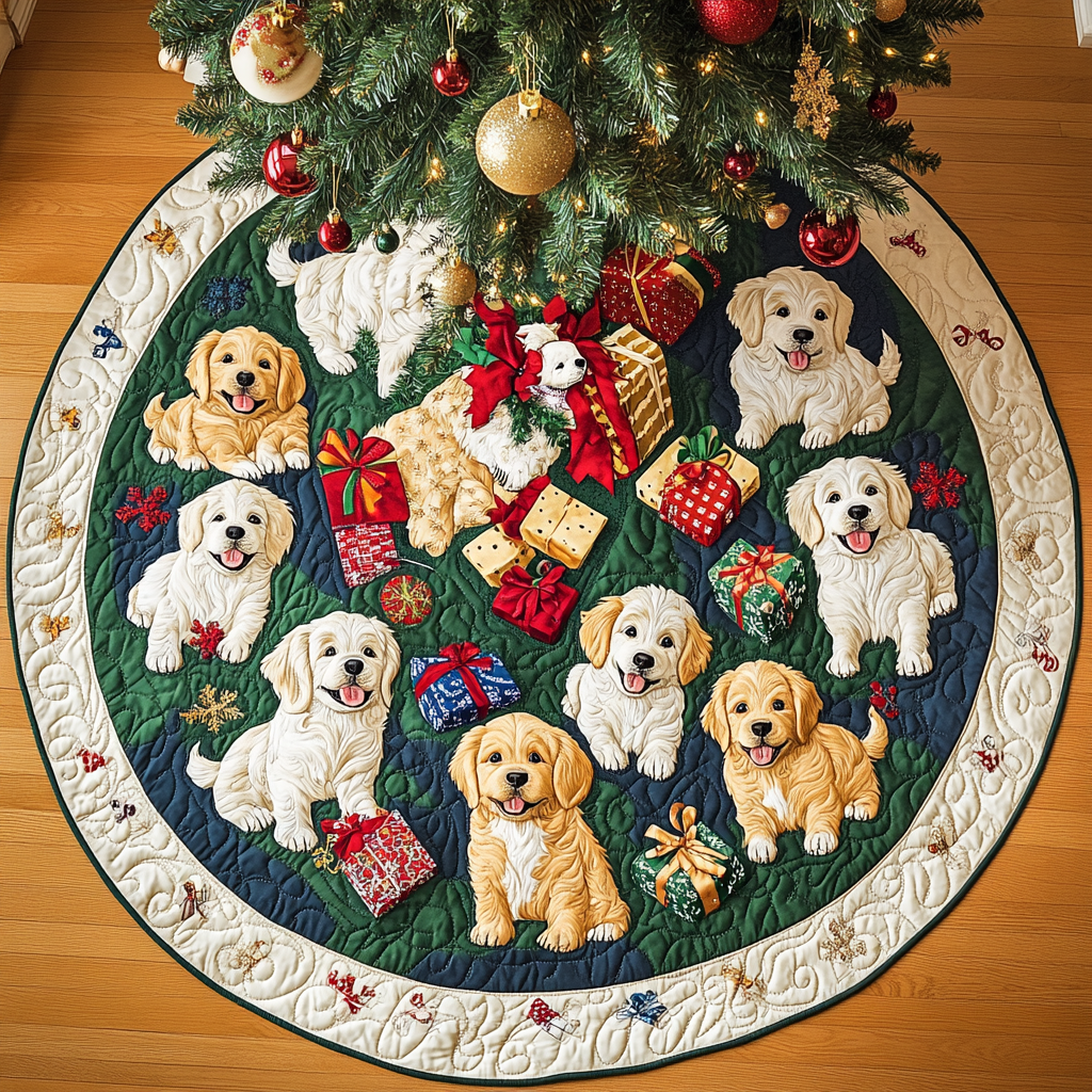 Holly Jolly Golden Chritstmas Quilted Tree Skirt Meaningful Christmas Gift to Warm the Heart