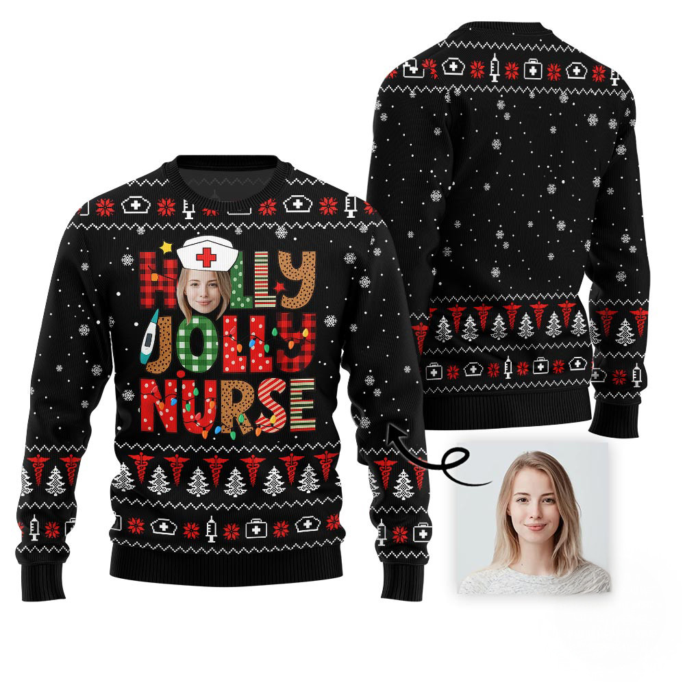Holly Jolly Nurse Custom Face Ugly Christmas Sweater Cute Sweaters For Christmas