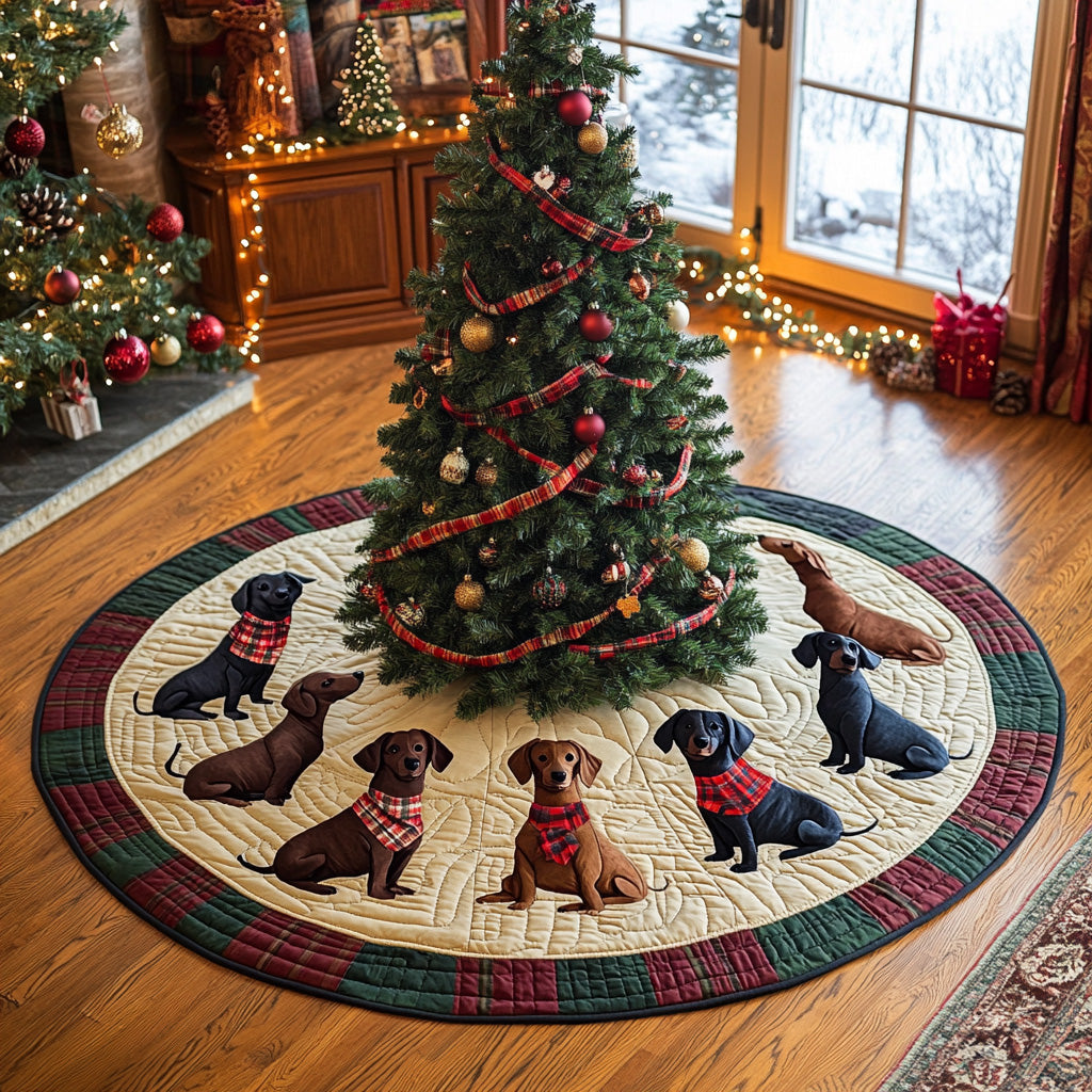 Holly Long Dog Joy Quilted Christmas Tree Skirt Xmas Decorations Dachshund Gifts For Her Him