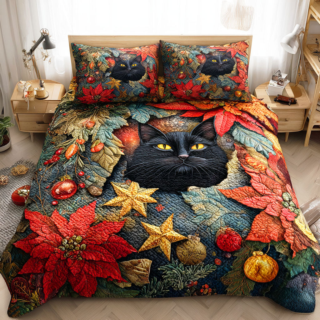 Holly Night Cat Quilted Bedding Set Christmas Duvet Cover Black Cat Gifts For Her