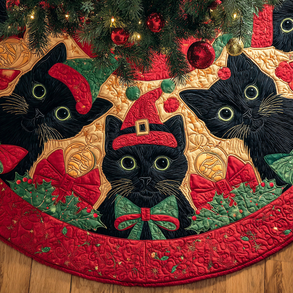 Holly Night Kitty Christmas Quilted Tree Skirt Festive Themed Cat Lover Christmas Gifts