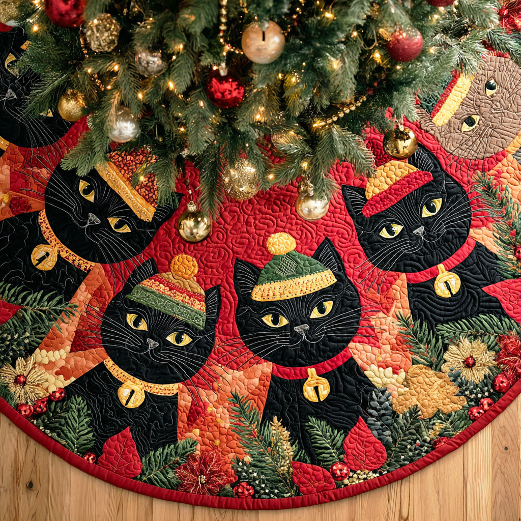 Holly Night Kitty Christmas Quilted Tree Skirt Holiday Decor Gifts For Black Cat Owners