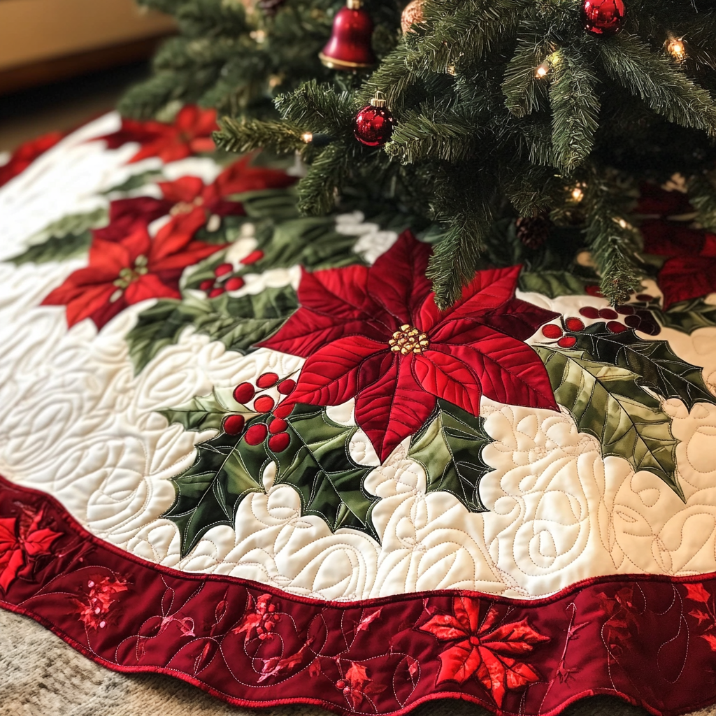 Holly Poinsettia Christmas Quilted Tree Skirt Magical Christmas Tree Skirt to Impress Guests