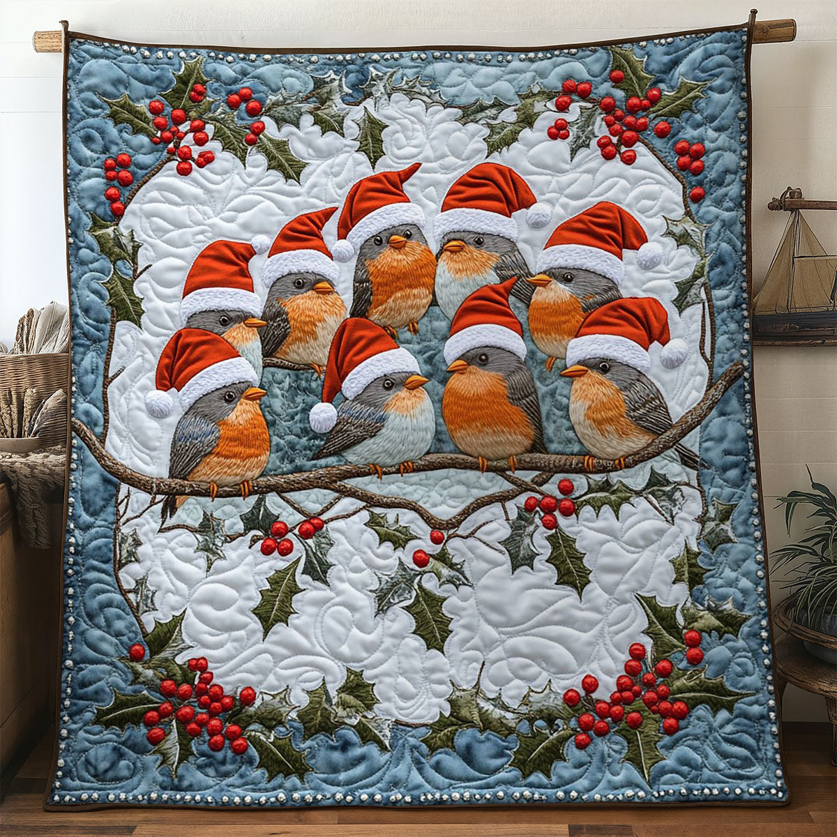 Holly Song European Robin Quilt Blanket Christmas Throw Blanket Christmas Presents For Bird Lovers