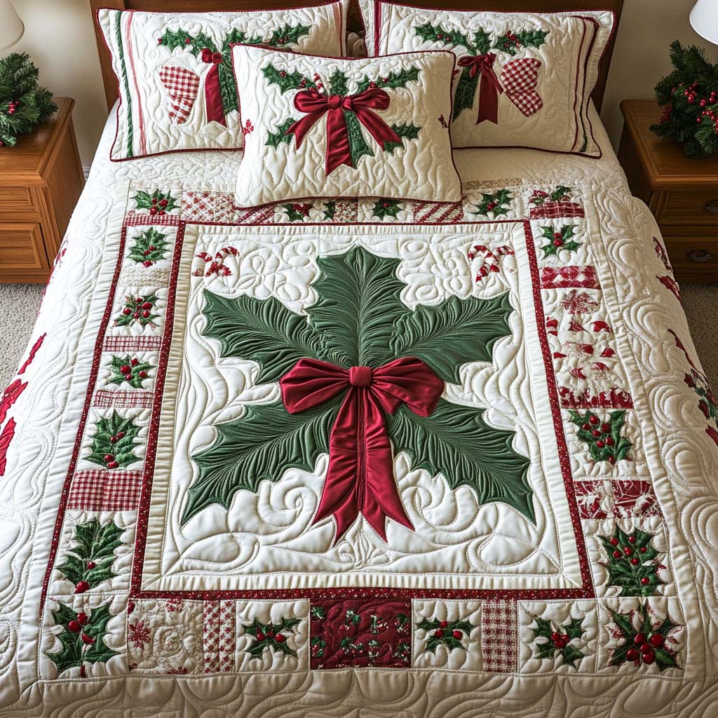 Holly Star Bow Quilted Bedding Set Holiday Season Duvet Cover Set Xmas Gifts For Men