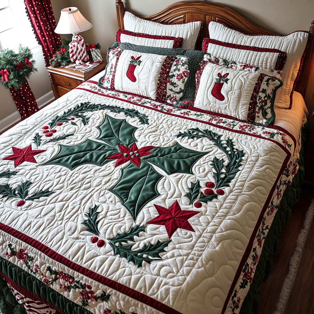 Holly Stocking Joy Quilted Bedding Set Holiday Duvet Sets Gifts For Men Who Have Everything
