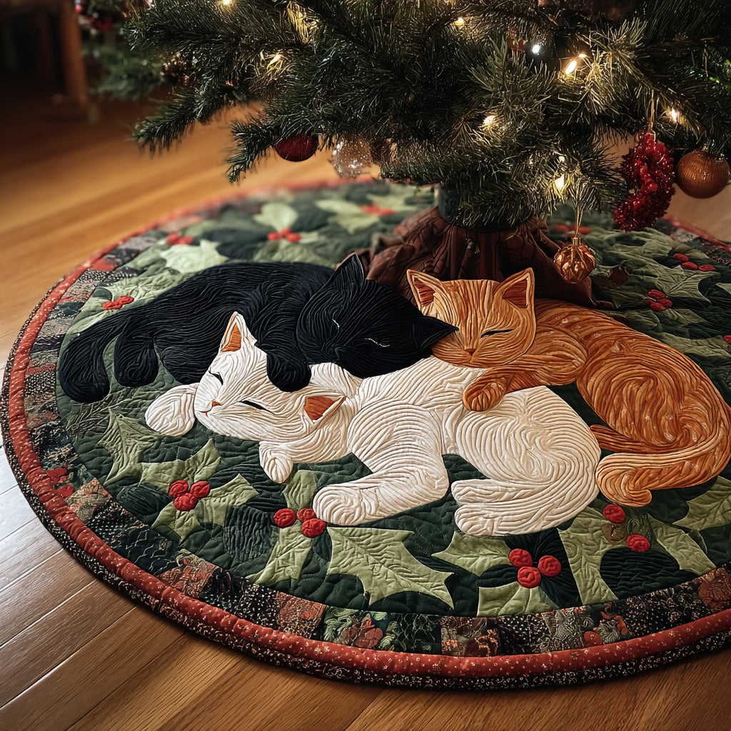 Holly Trio Christmas Quilted Tree Skirt Xmas Tree Base Cover Christmas Gifts For Cat Lovers
