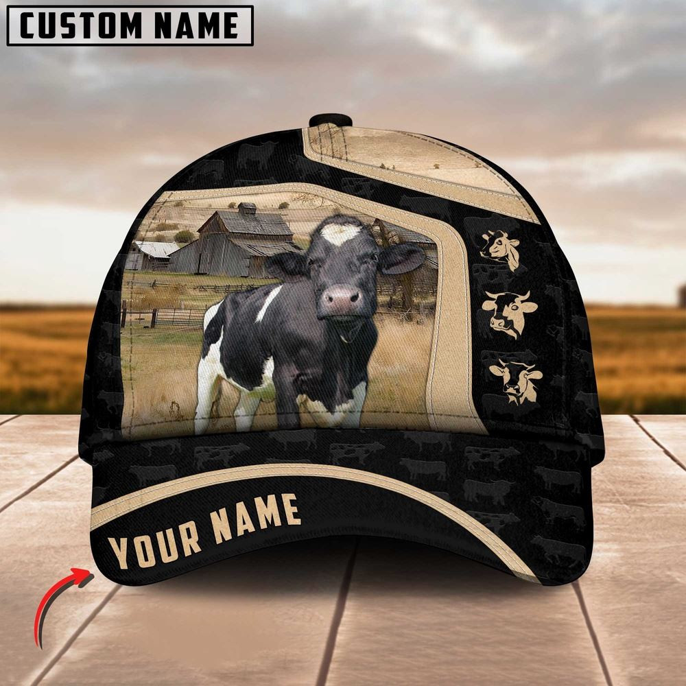 Holstein Cattle Black Yellow Pattern Customized Name Cap Farmer Baseball Cap Gift For Farmer
