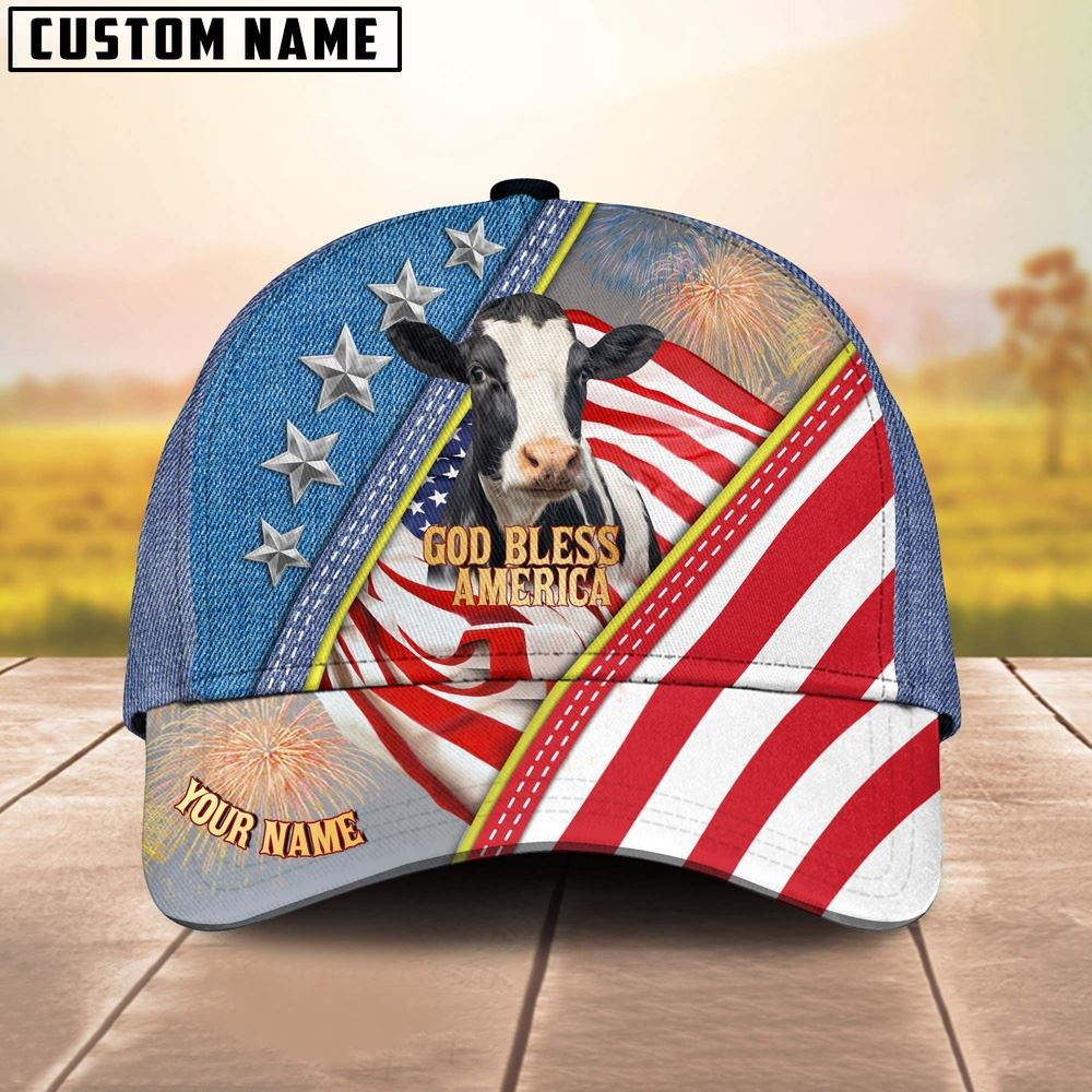 Holstein Cattle Blue Denim Pattern Customized Name Cap Farmer Baseball Cap Gift For Farmer