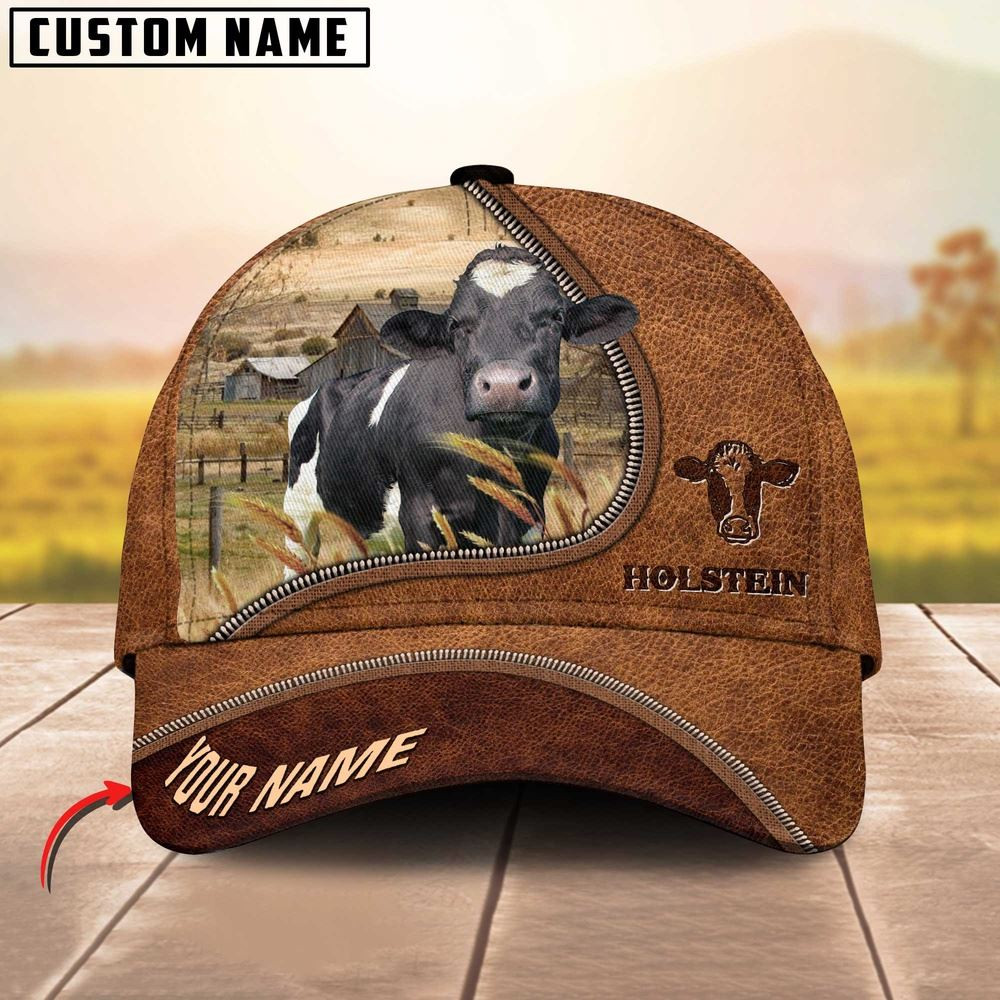 Holstein Cattle Brown Leather Zip Pattern Customized Name Cap Farmer Baseball Cap Gift For Farmer