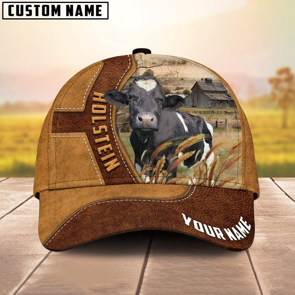 Holstein Cattle Customized Name Brown Leather Pattern Cap Farm Cap Farmer Baseball Cap Gift For Farmer