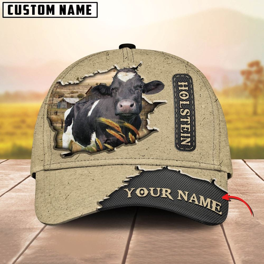 Holstein Cattle Customized Name Khaki Leather Pattern Cap Farm Cap Farmer Baseball Cap Gift For Farmer