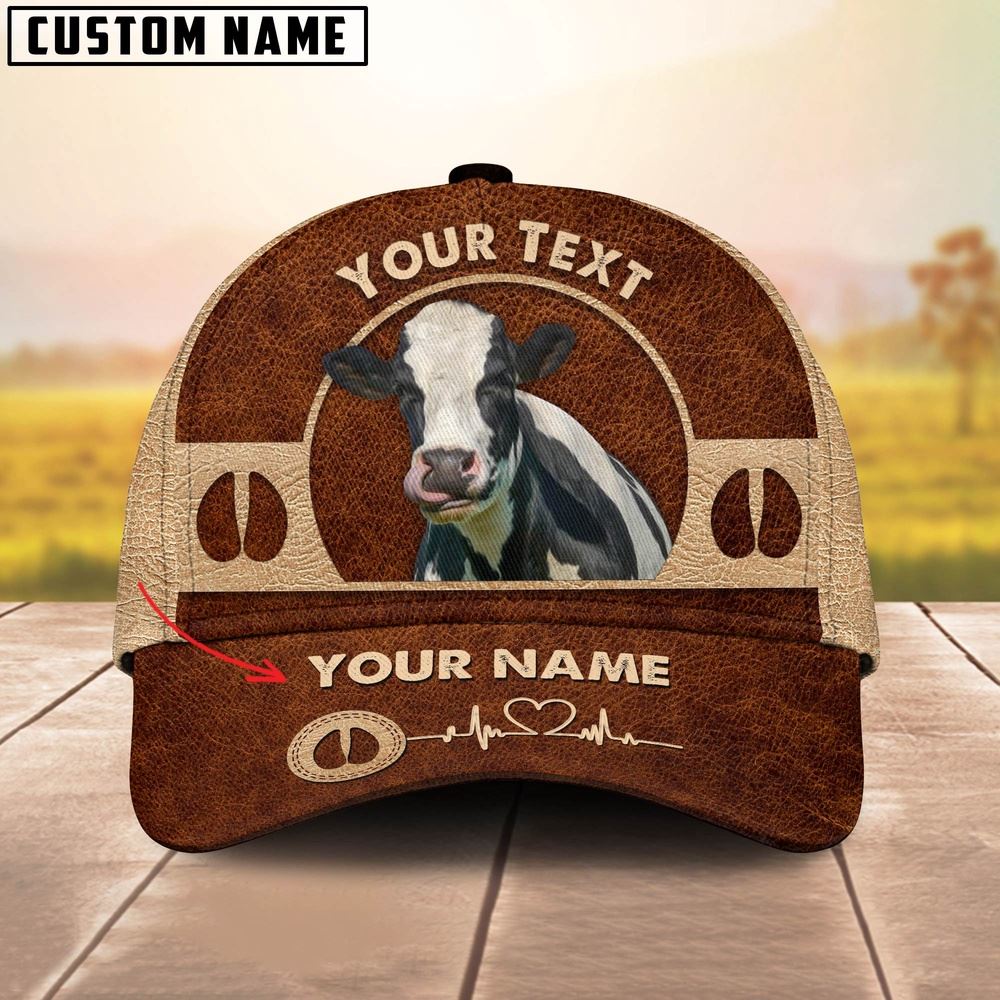 Holstein Cattle Personalized Name Brown Leather Pattern Cap Farmer Baseball Cap Gift For Farmer