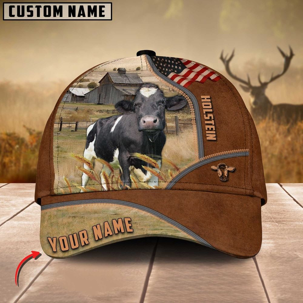 Holstein Cattle US Flag Customized Name Brown Cap Farm Cap Farmer Baseball Cap Gift For Farmer