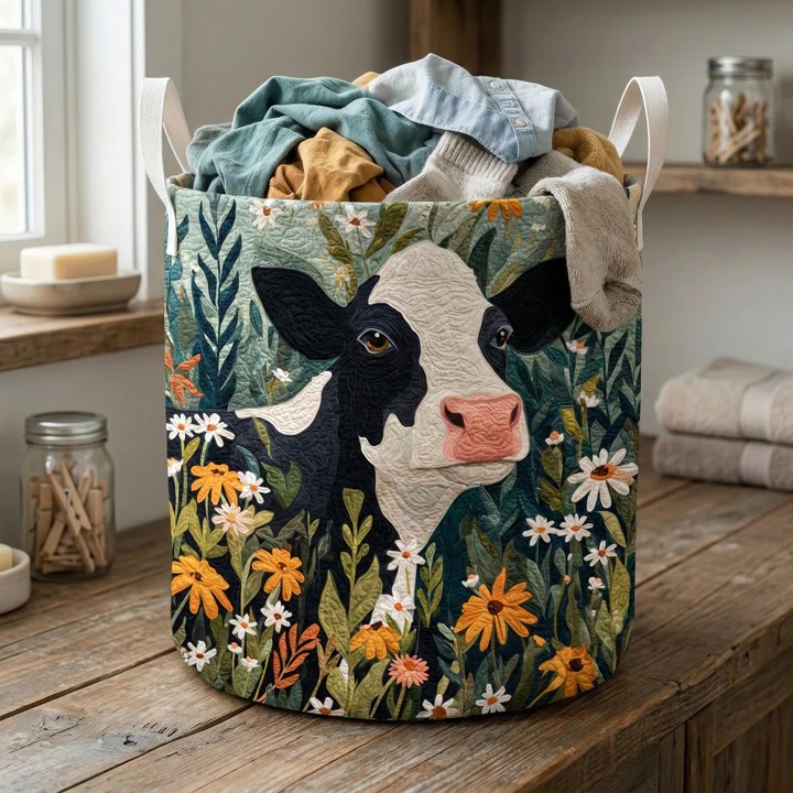 Holstein Cow Wildflower Garden Quilted Laundry Basket Farmhouse Home Decor Gift For Cow Farm Lovers