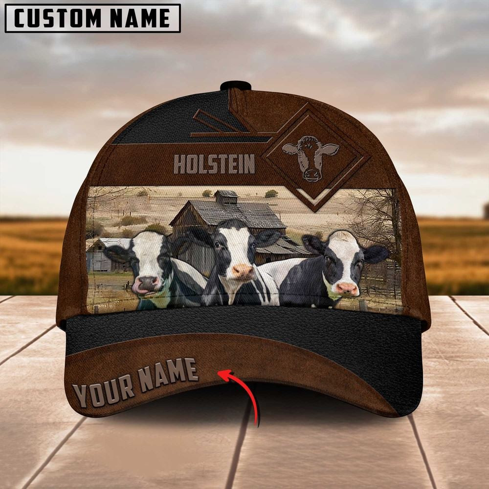 Holstein Custom Name Brown Leather Pattern Cap Farm Cap Farmer Baseball Cap Gift For Farmer