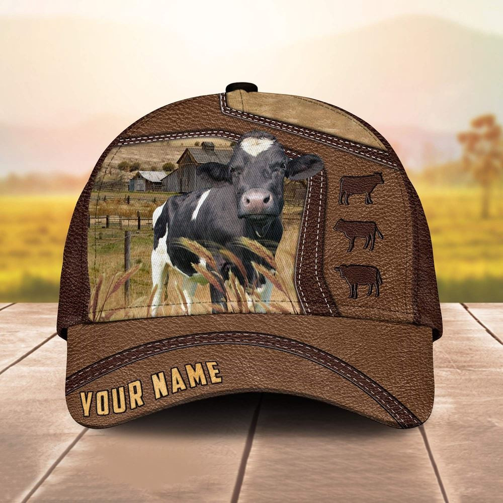 Holstein Customized Name Brown Leather Pattern Cap Farm Cap Farmer Baseball Cap Gift For Farmer