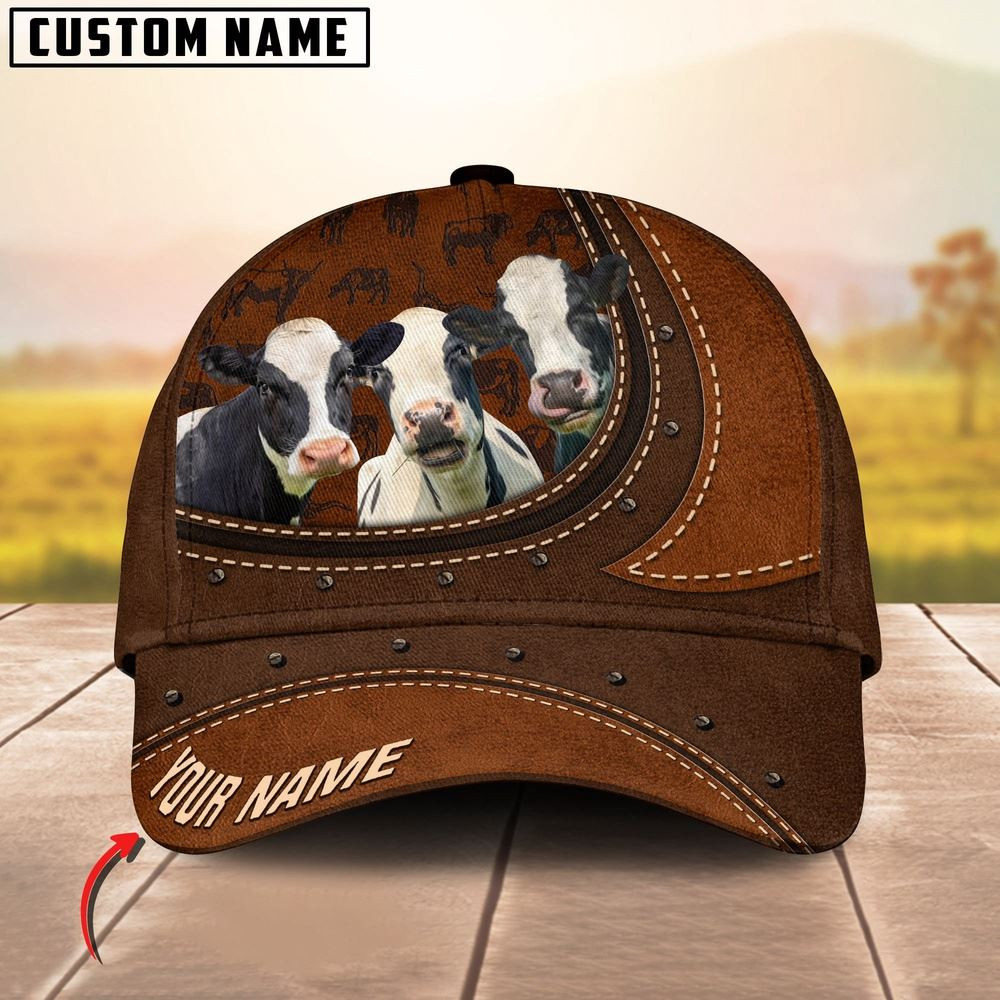 Holstein Happiness Leather Pattern Art Customized Name Cap Farmer Baseball Cap Gift For Farmer