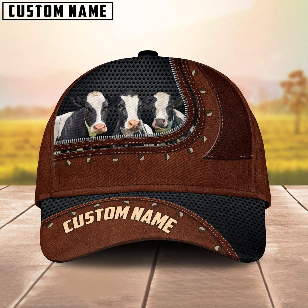 Holstein Happiness Zipper Pattern Customized Name Cap Farmer Baseball Cap Gift For Farmer