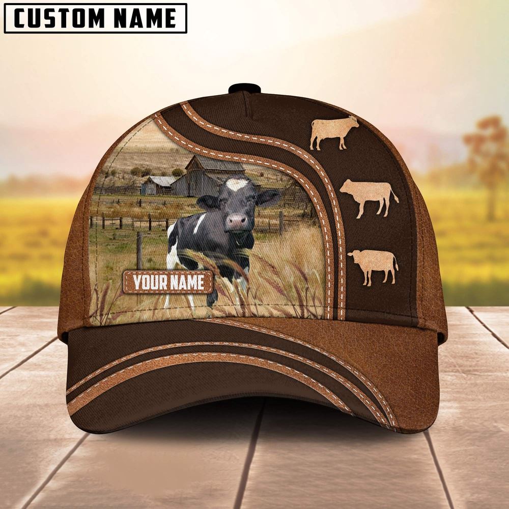 Holstein Leather Brown Pattern Customized Name Cap Farmer Baseball Cap Gift For Farmer