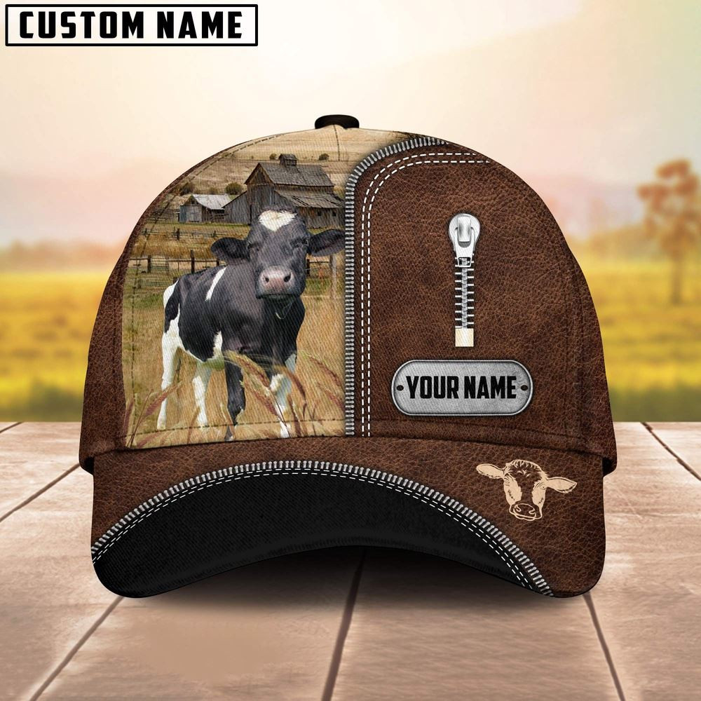 Holstein Leather Zip Pattern Customized Name Cap Farmer Baseball Cap Gift For Farmer
